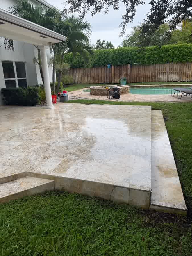 Pool patio and steps — black algae and the outline of a mat washed off the stone. after