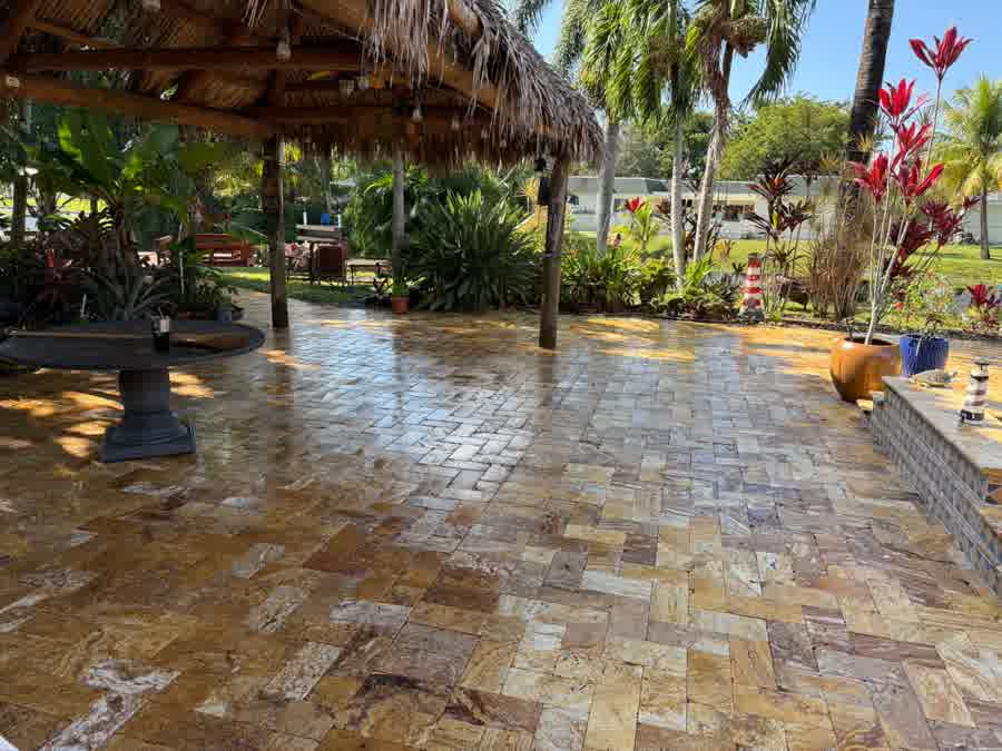 Paver patio — dirt and organic buildup cleaned out of the herringbone surface. after