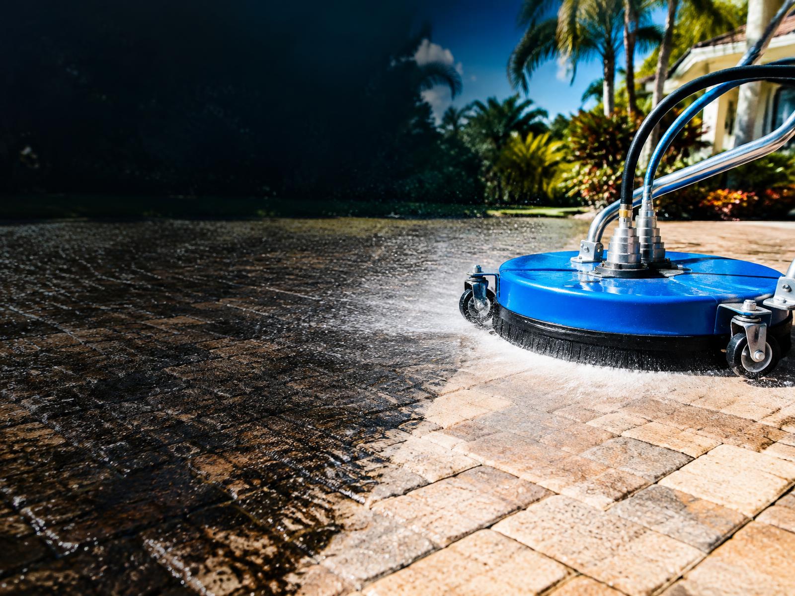 Pressure cleaning a paved outdoor surface